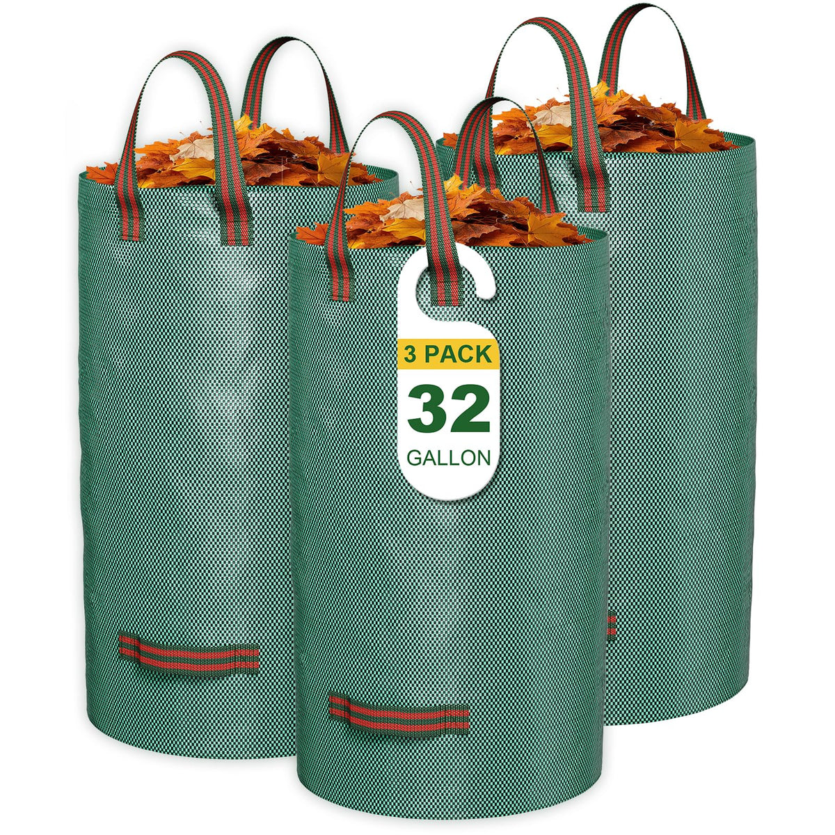 GreatBuddy 32-gallon leaf bag upright for easy loading during yard cleanup.