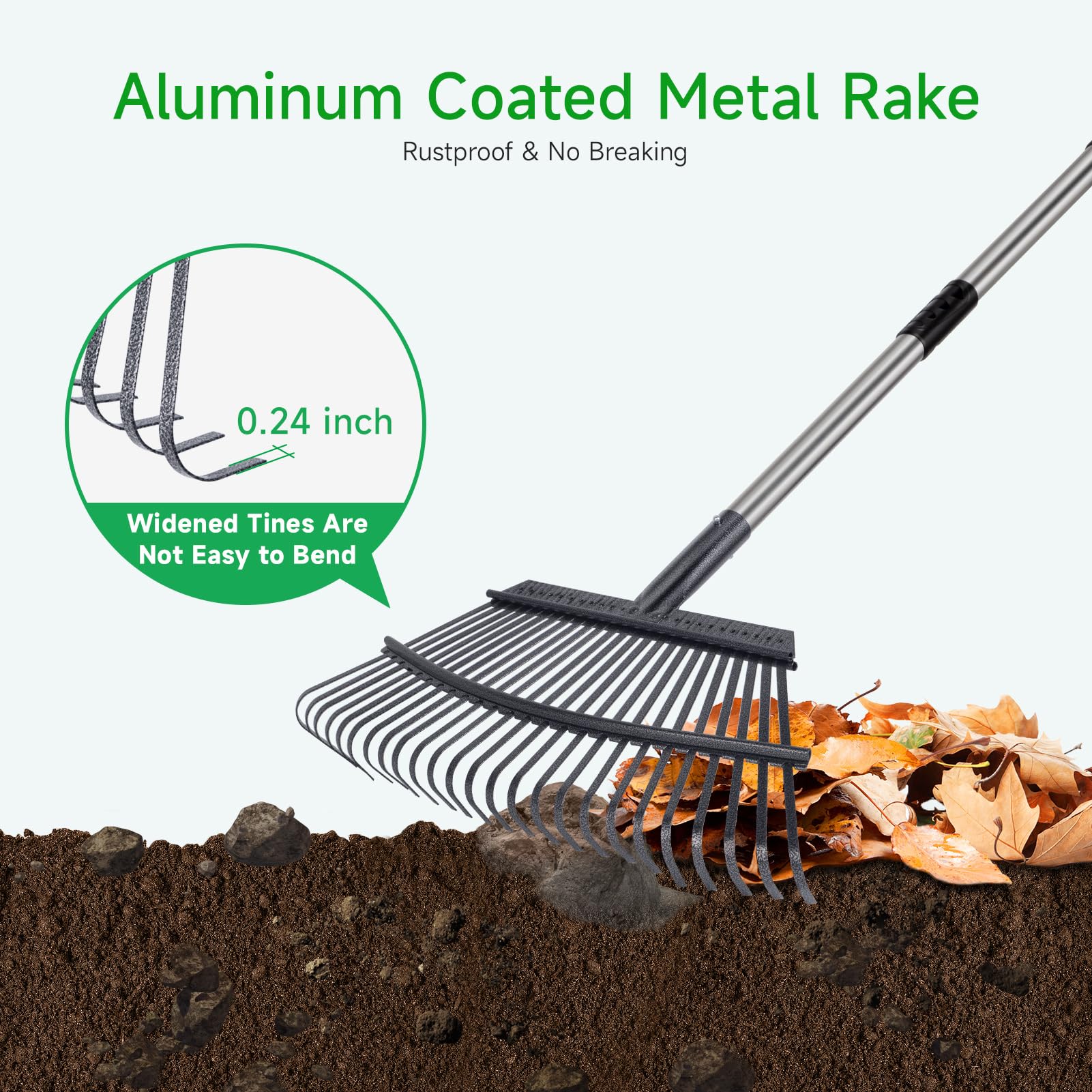 GreatBuddy aluminum coated rake head provides light weight and durability