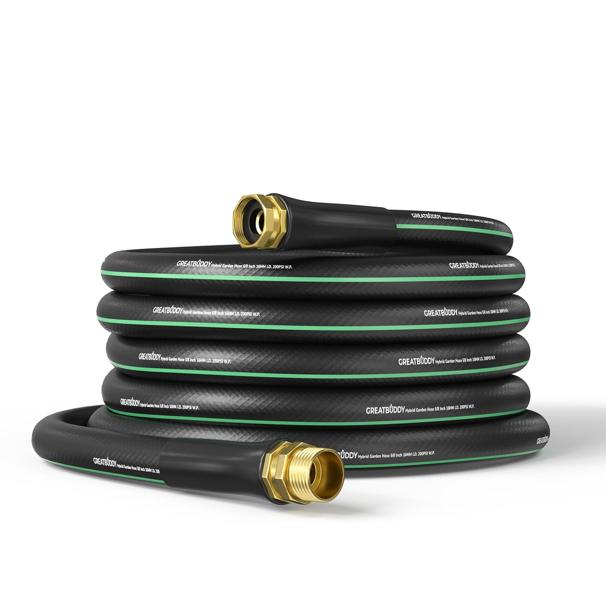 GreatBuddy garden hose 50ft coiled for easy storage and quick watering.