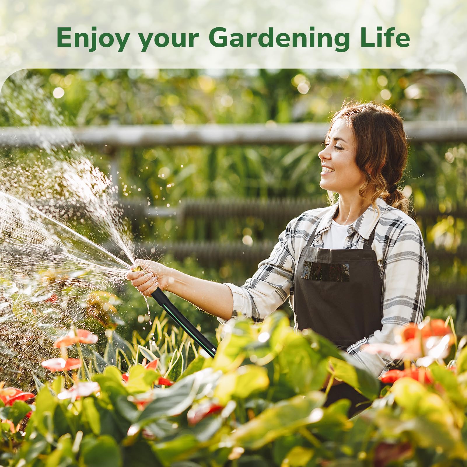 GreatBuddy garden hose in use for yard watering and light cleaning.