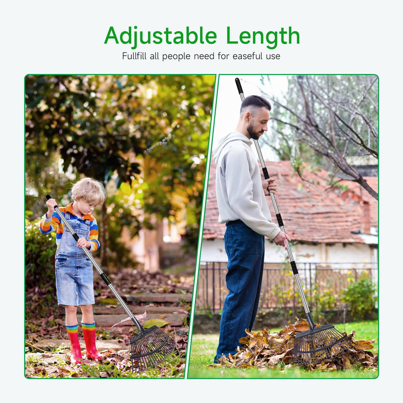 GreatBuddy rake featuring 25-tine metal head for thorough leaf gathering