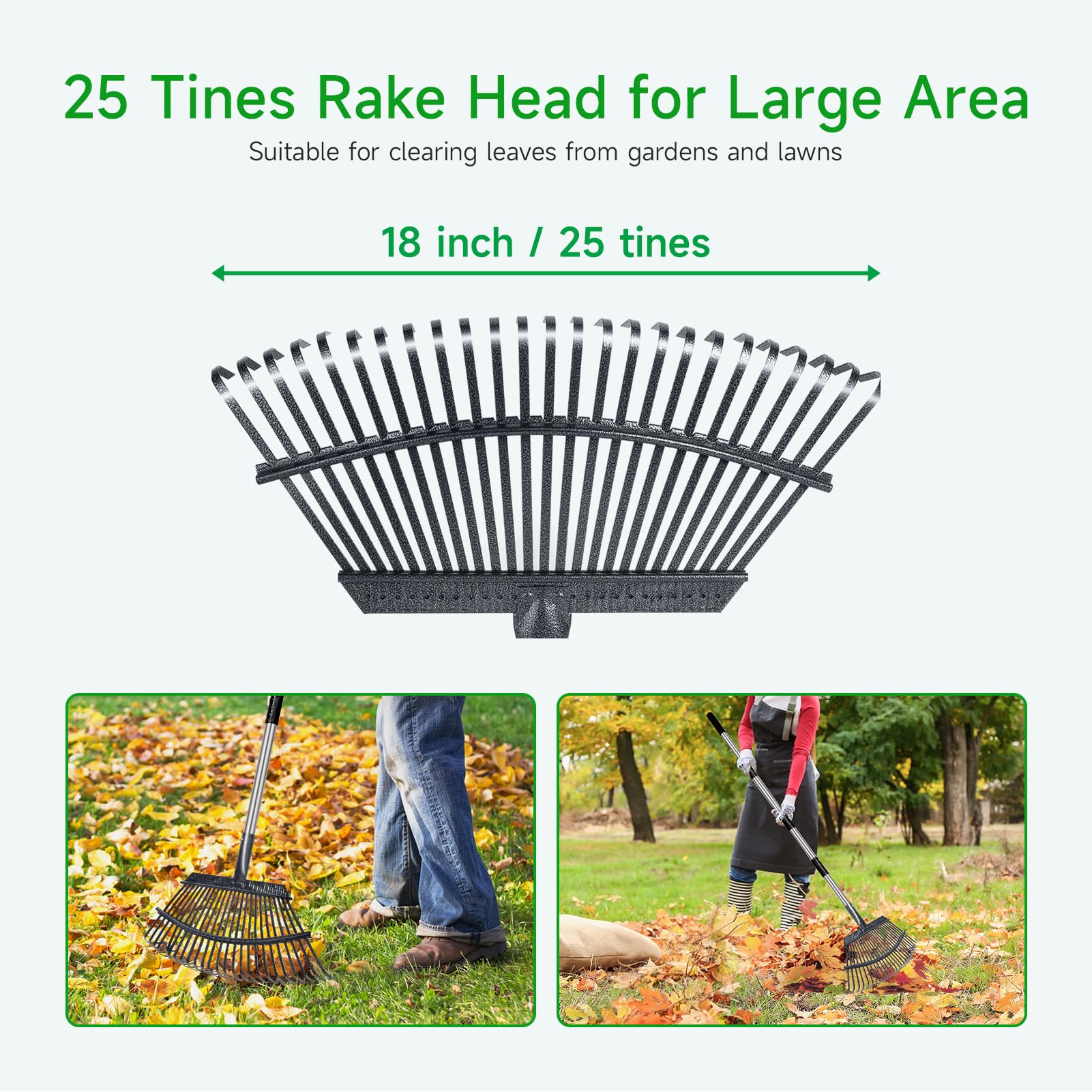 GreatBuddy leaf rake with 18 inch wide head for efficient debris collection