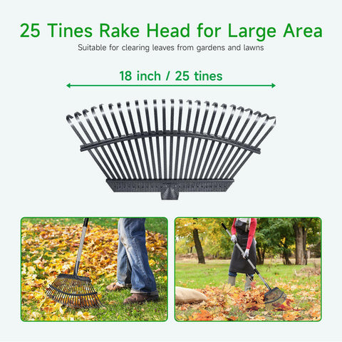GreatBuddy leaf rake with 18 inch wide head for efficient debris collection