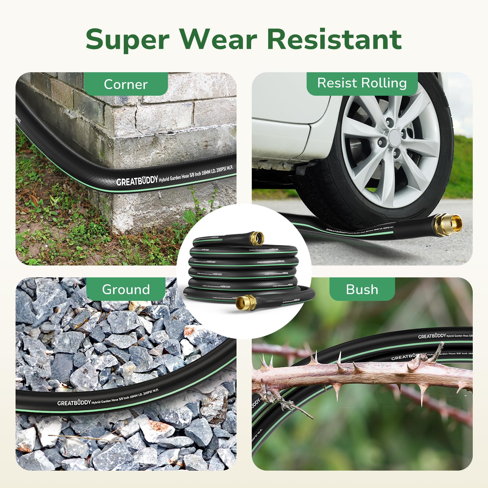 GreatBuddy garden hose being rolled up for neat storage and transport.