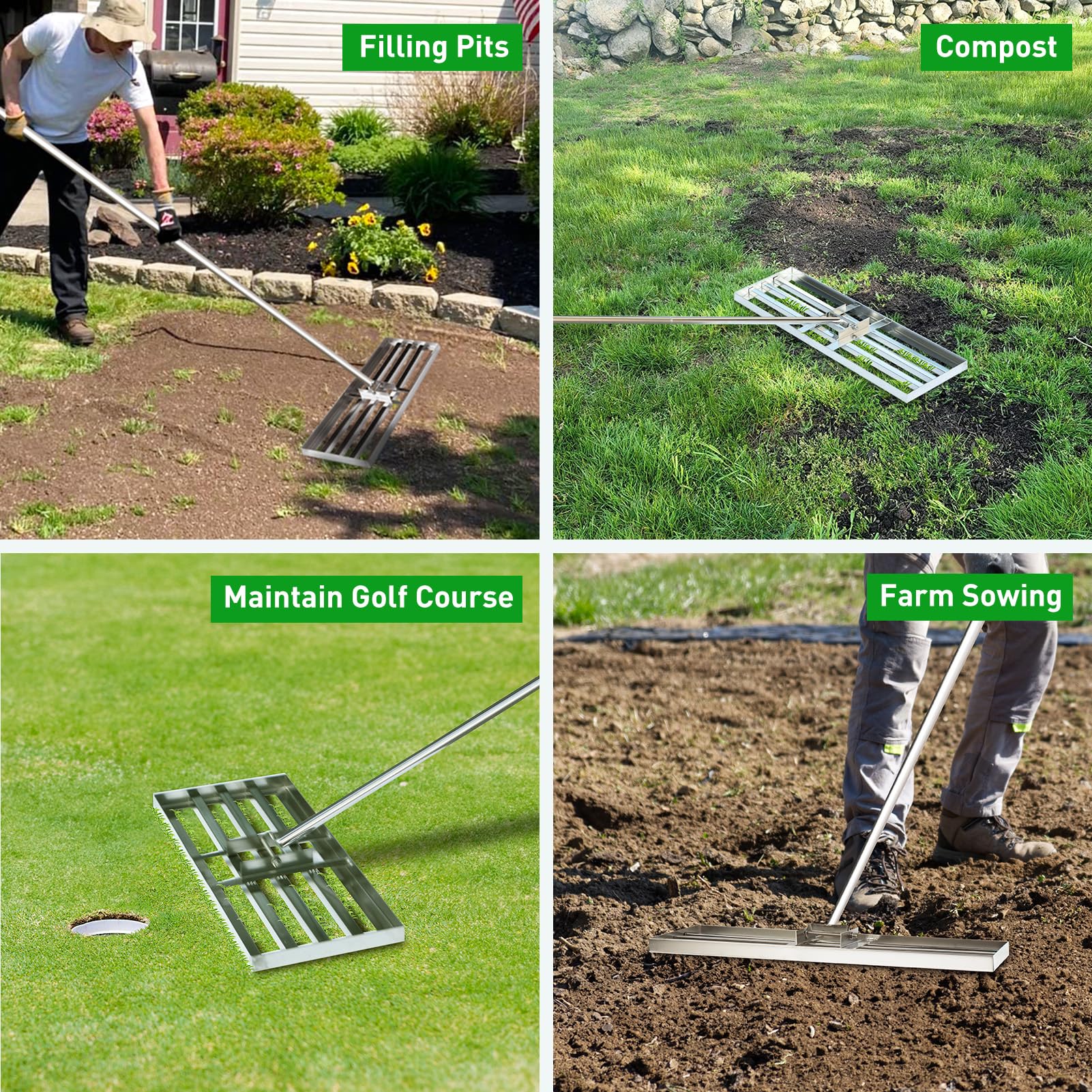 GreatBuddy versatile tool for small yards, gardens, and topsoil leveling