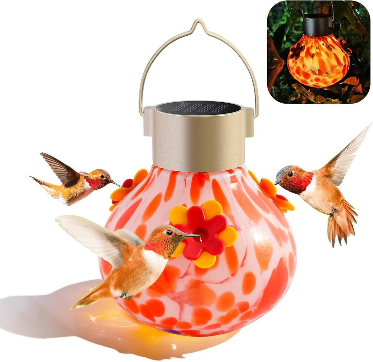 Grebilux glass orb hummingbird feeder with lifelike flowers attracts hummingbirds