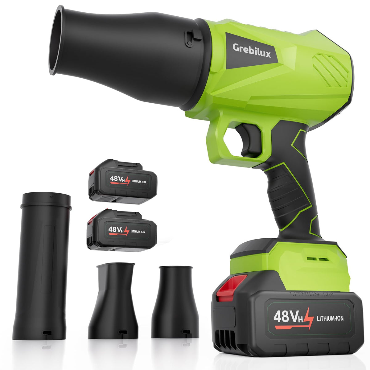 Grebilux cordless leaf blower with 48V battery for quick yard cleanup.