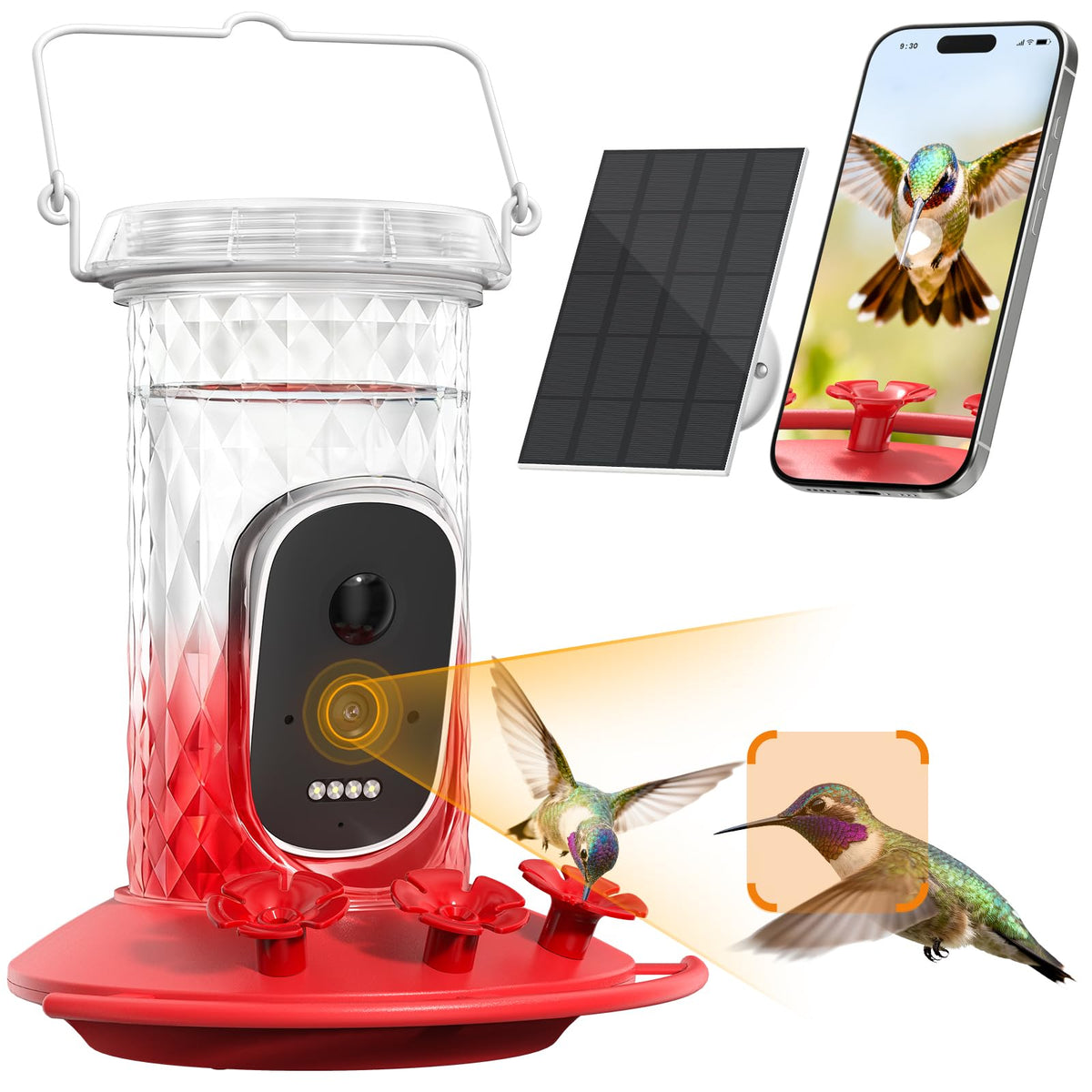 Grebilux Smart Hummingbird Feeder Camera front view highlighting AI ID features for backyard birding
