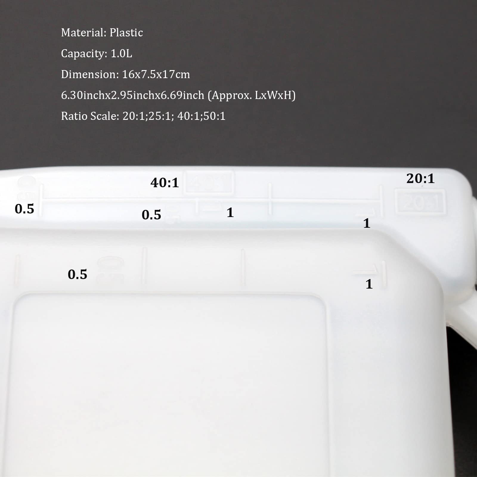 Grebizan ratio markings 20:1 to 50:1 aid accurate oil mixing.