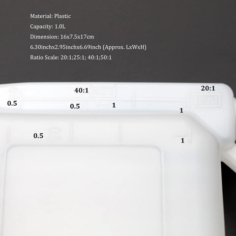 Grebizan ratio markings 20:1 to 50:1 aid accurate oil mixing.