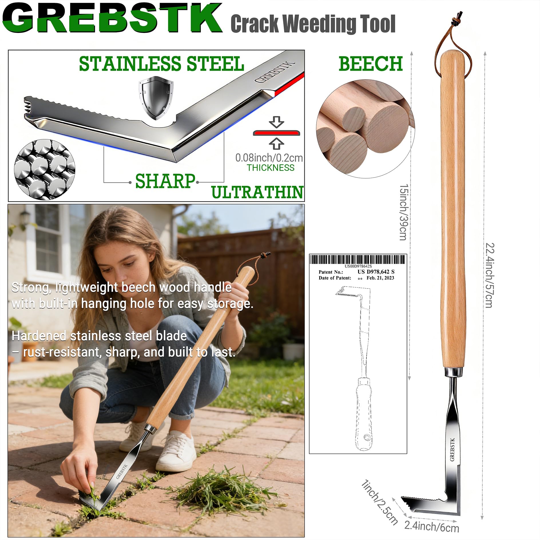 GREBSTK 22-inch weeding tool with beech handle in use for leverage