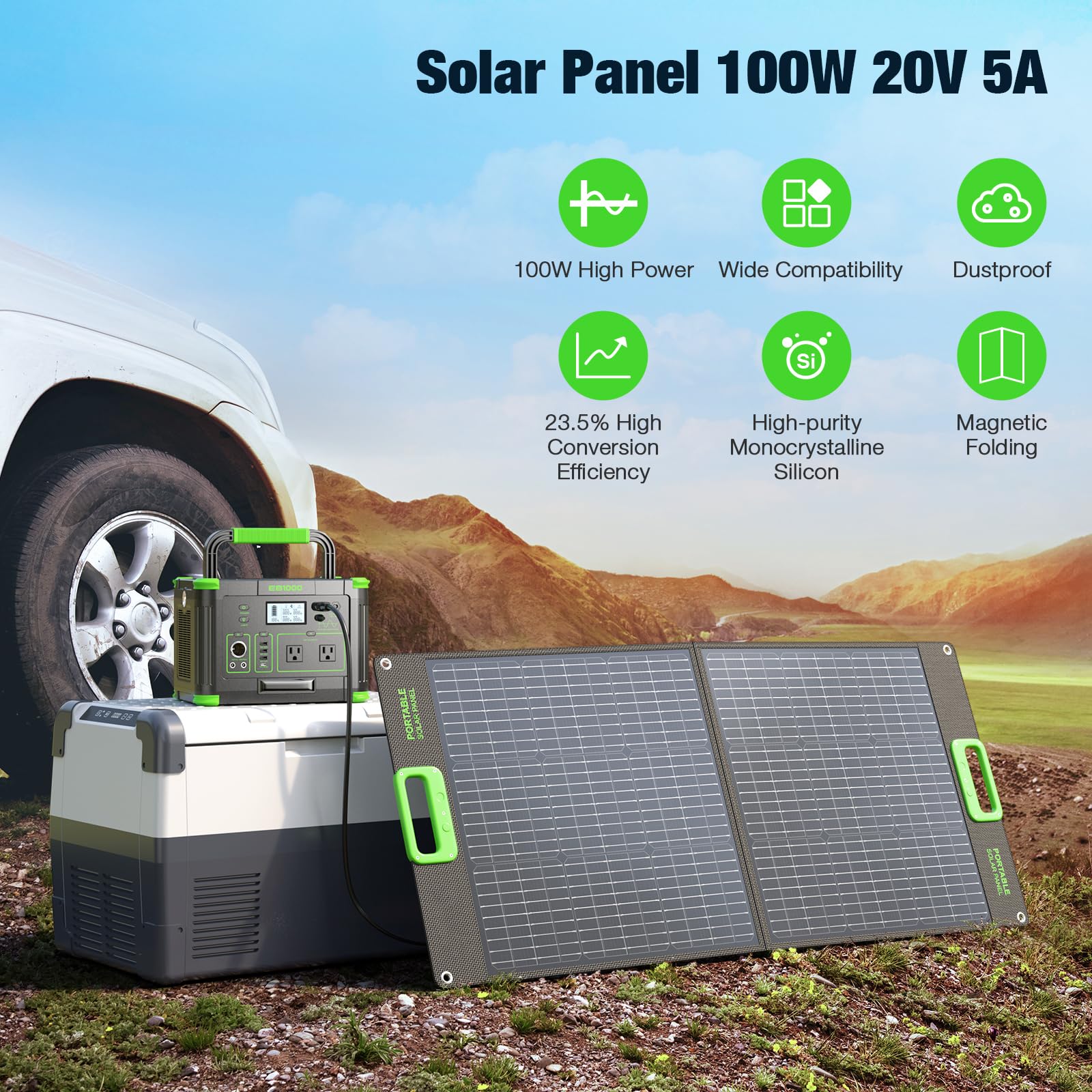 GRECELL 100W foldable panel closed like a briefcase for easy transport