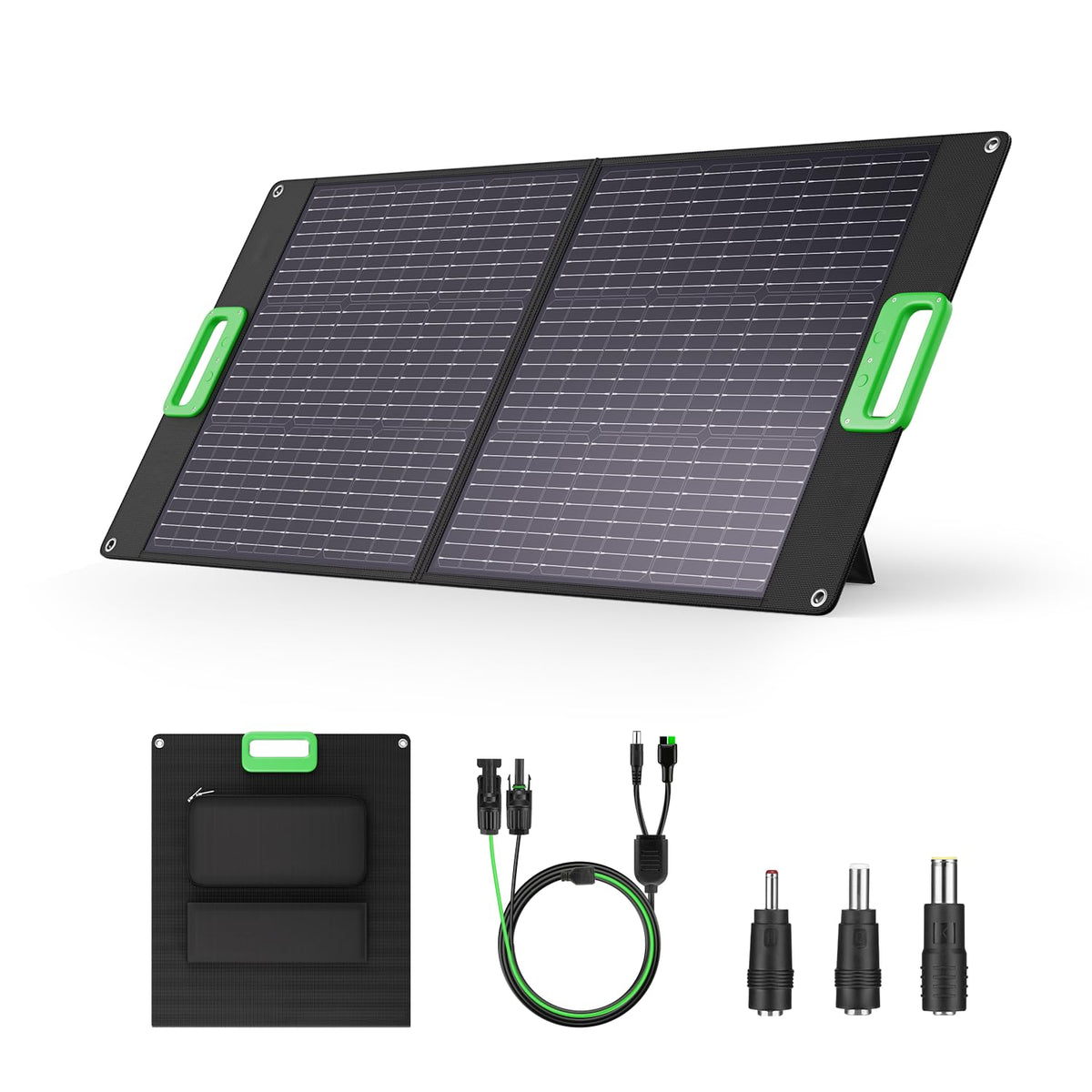GRECELL 100W foldable solar panel in briefcase mode powering a camping setup.