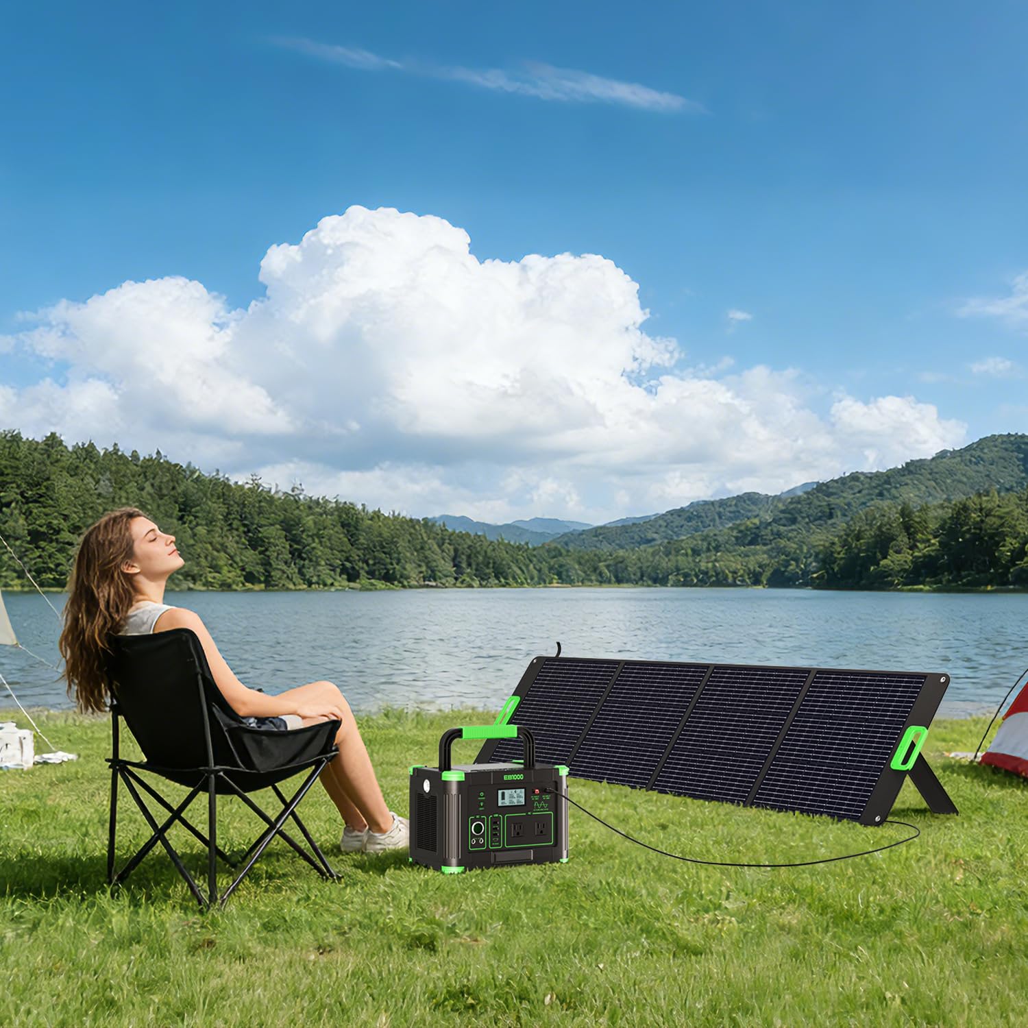 GRECELL 200W panel at campsite powering a power station