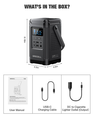 Includes GRECELL 240W power station with USB C cable and manual packaging