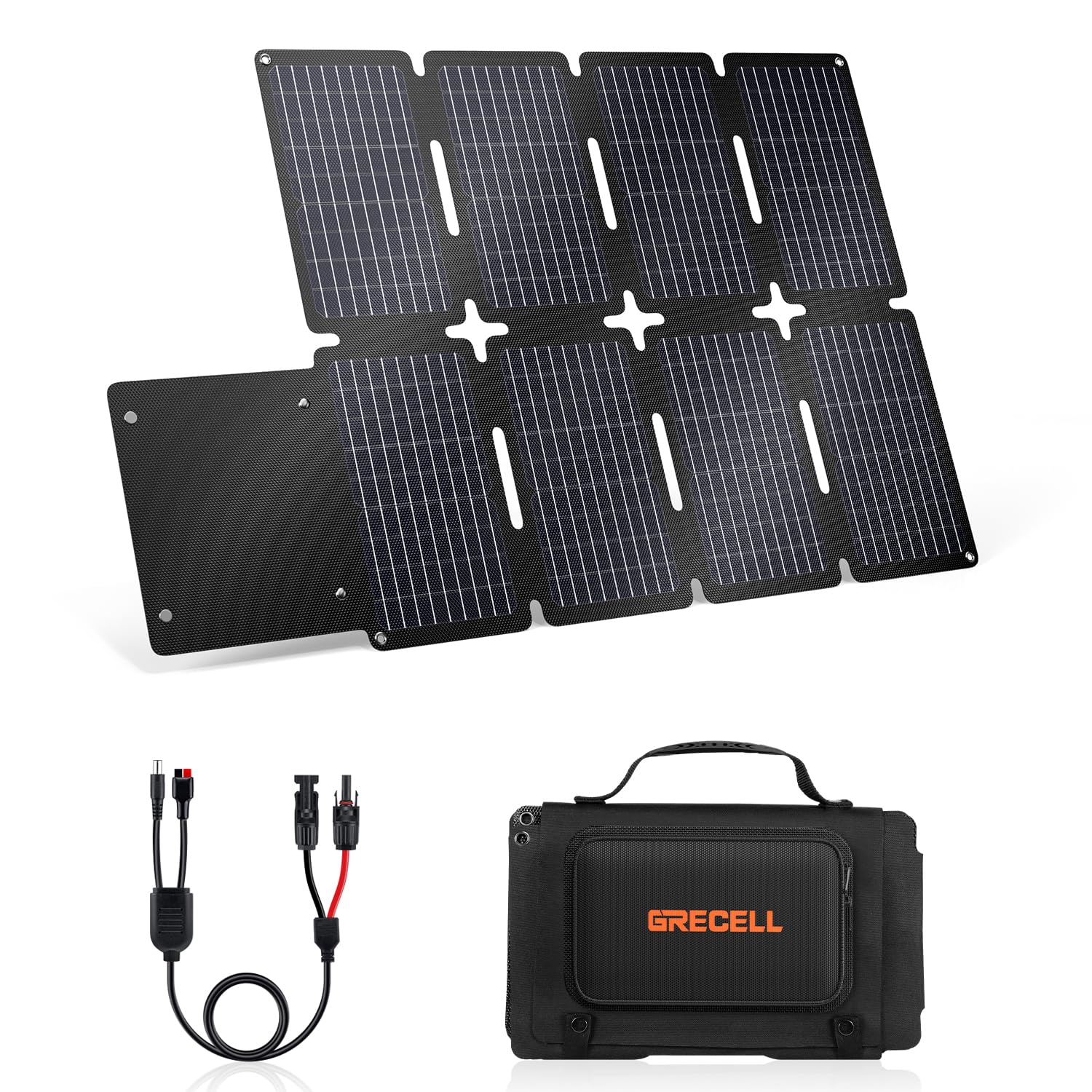 GRECELL 80W foldable panel in compact travel form for outdoor charging