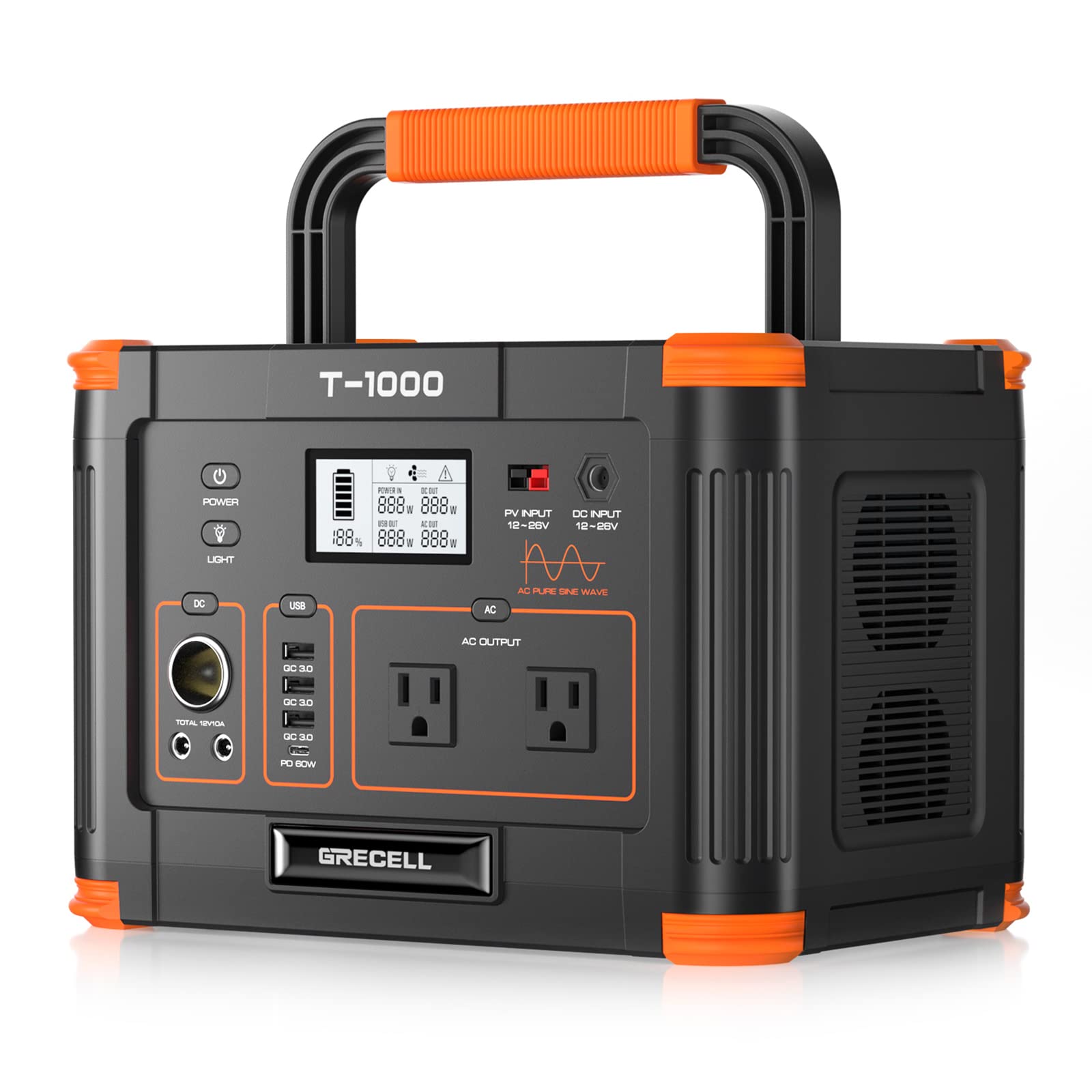 GRECELL 999Wh solar generator front view powering campsite essentials