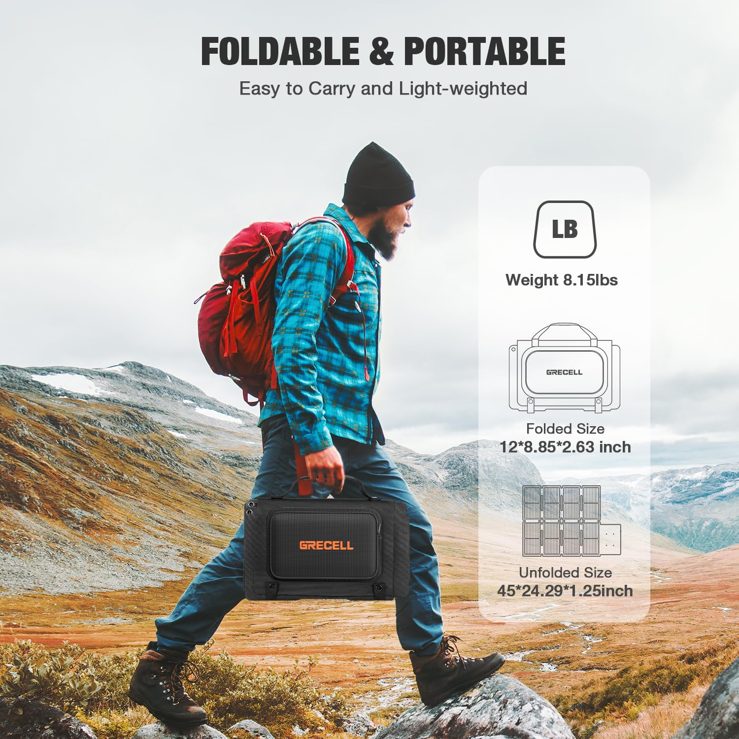GRECELL portable solar panel tucked into a backpack for hiking