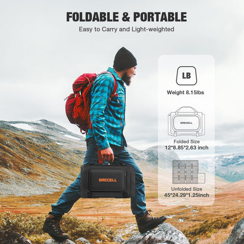 GRECELL portable solar panel tucked into a backpack for hiking