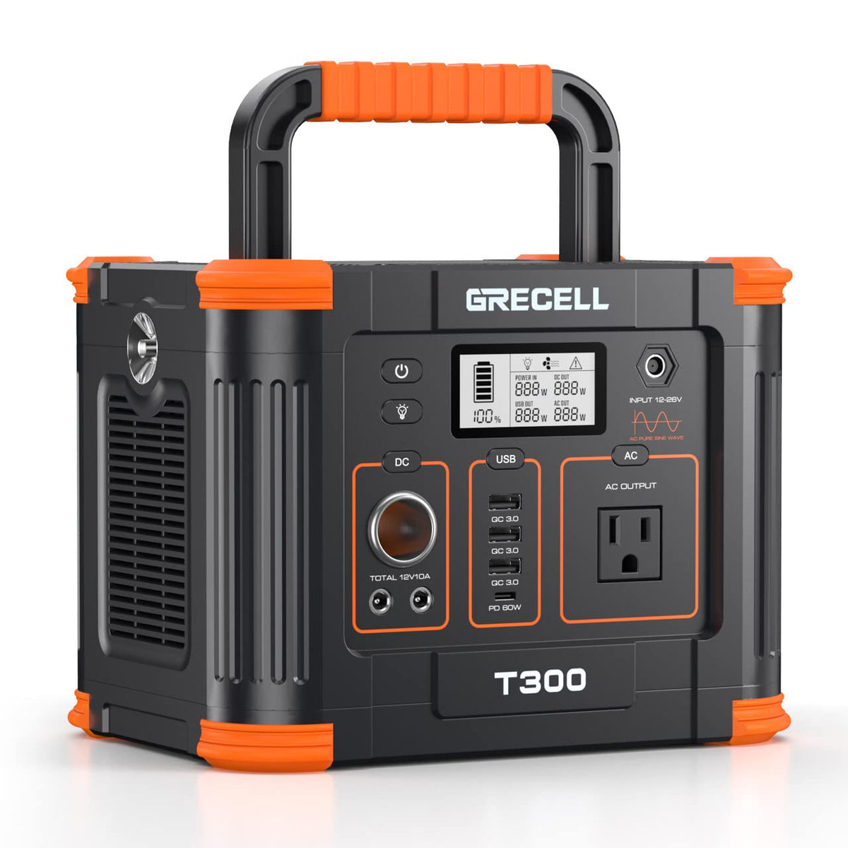 GRECELL portable power station front view powering essentials on outdoor trips.