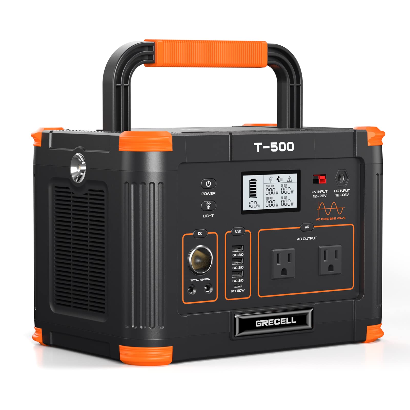 GRECELL portable power station front view, compact and easy to carry for outdoor use