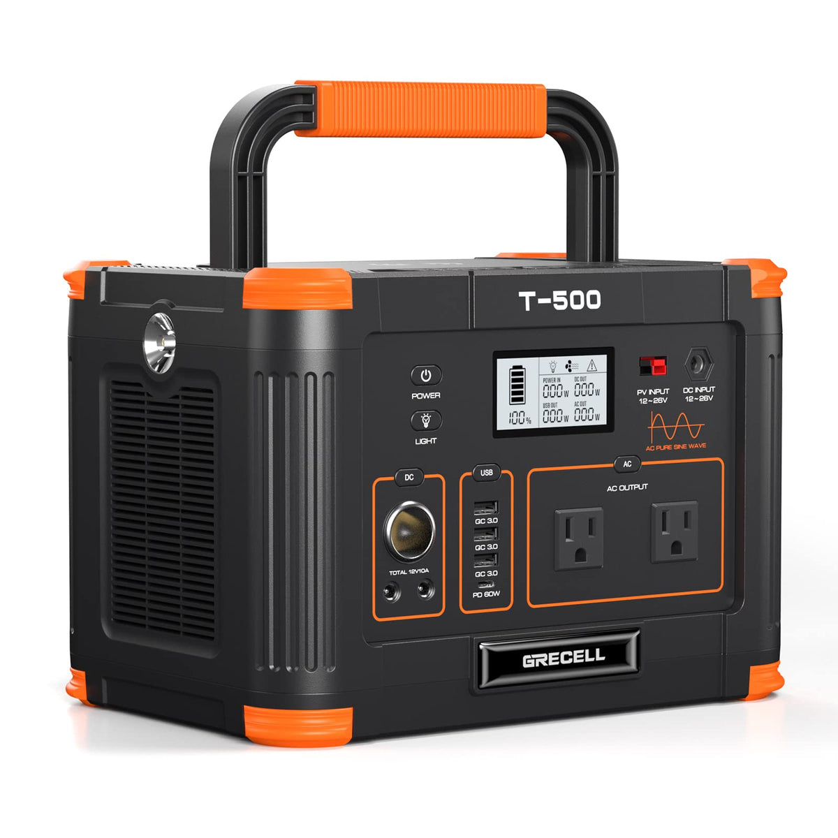 GRECELL portable power station front view, compact and easy to carry for outdoor use