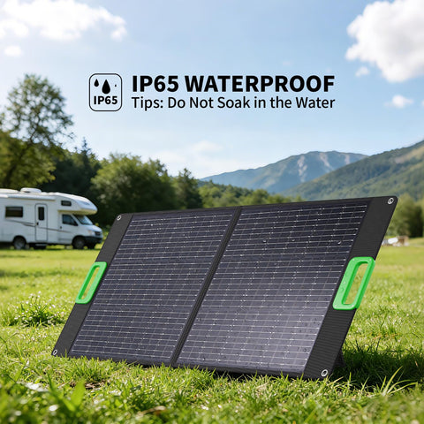 GRECELL solar panel with kickstands sets sun angle for faster charging outdoors.
