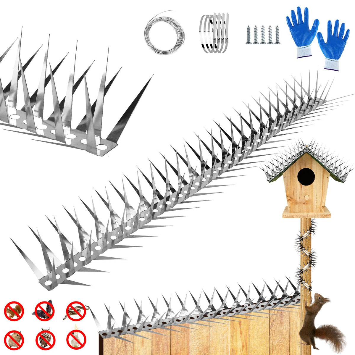 GRECOMEIN 40-inch stainless steel bird spikes deter pigeons and protect feeders.