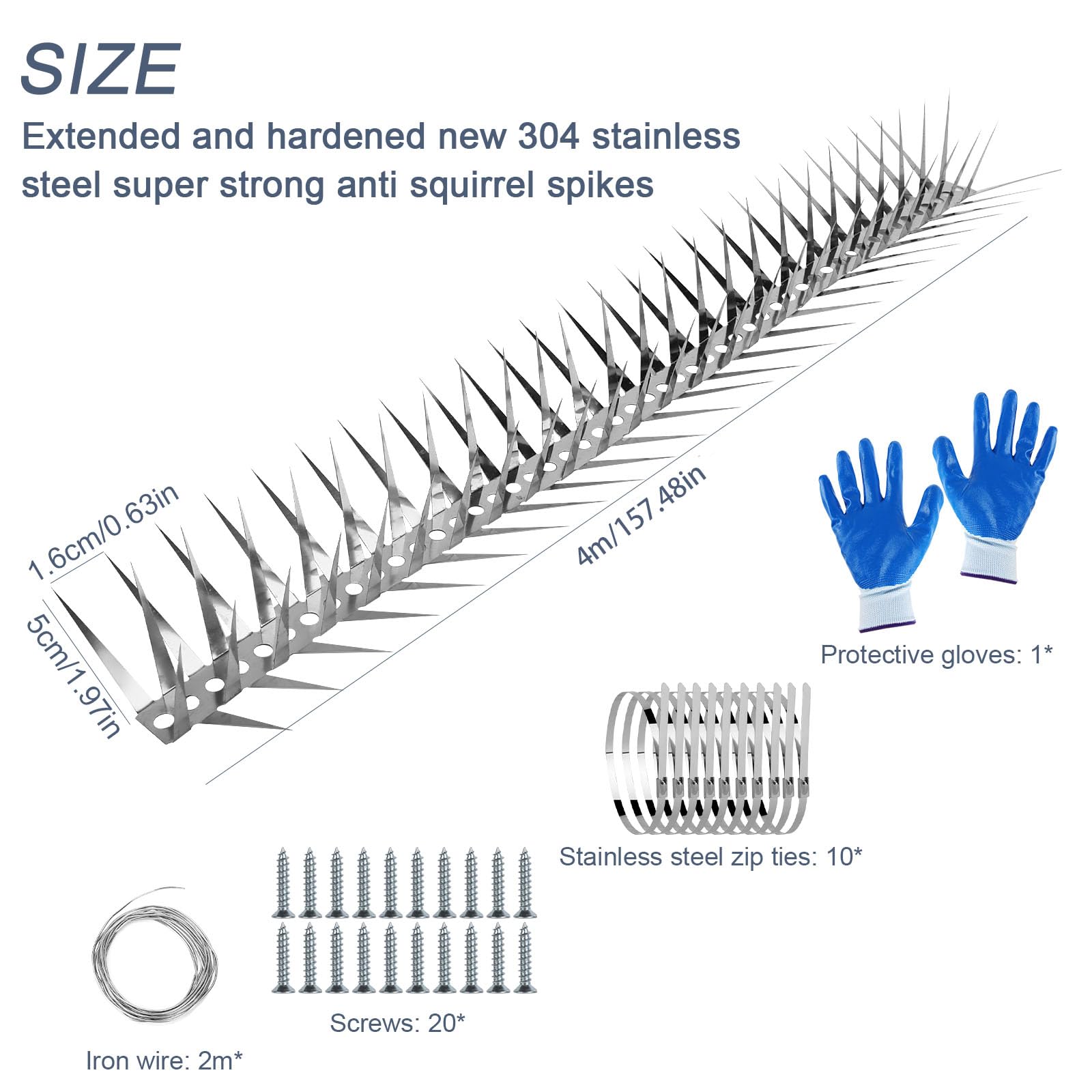 GRECOMEIN four-row spikes highlight robust stainless steel design for long-lasting deterrence.