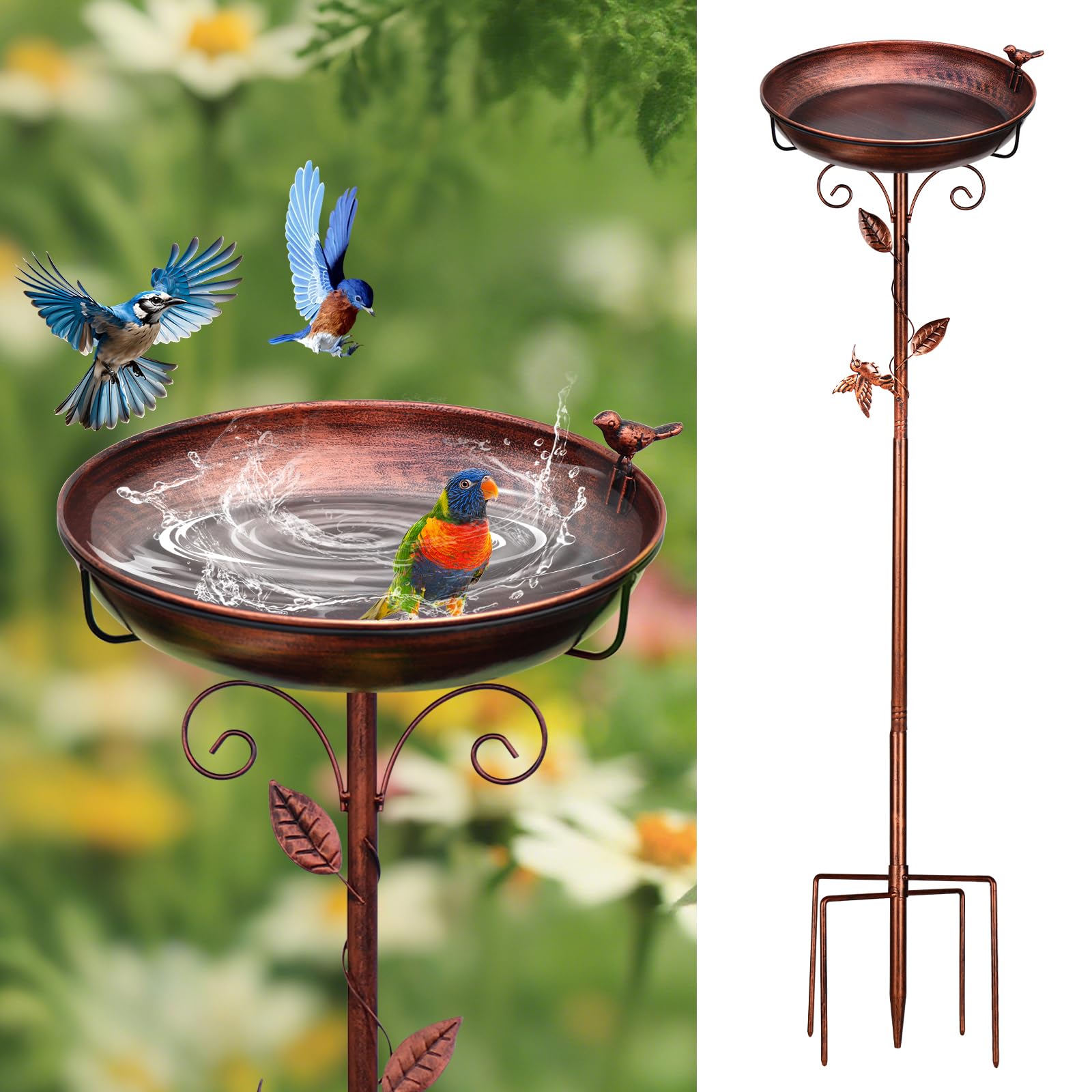 GRECOMEIN metal bird bath with hummingbird on pole attracts backyard birds