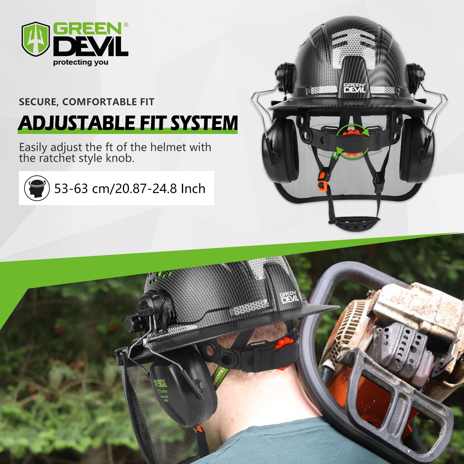 Green Devil 6-point suspension provides secure comfortable fit