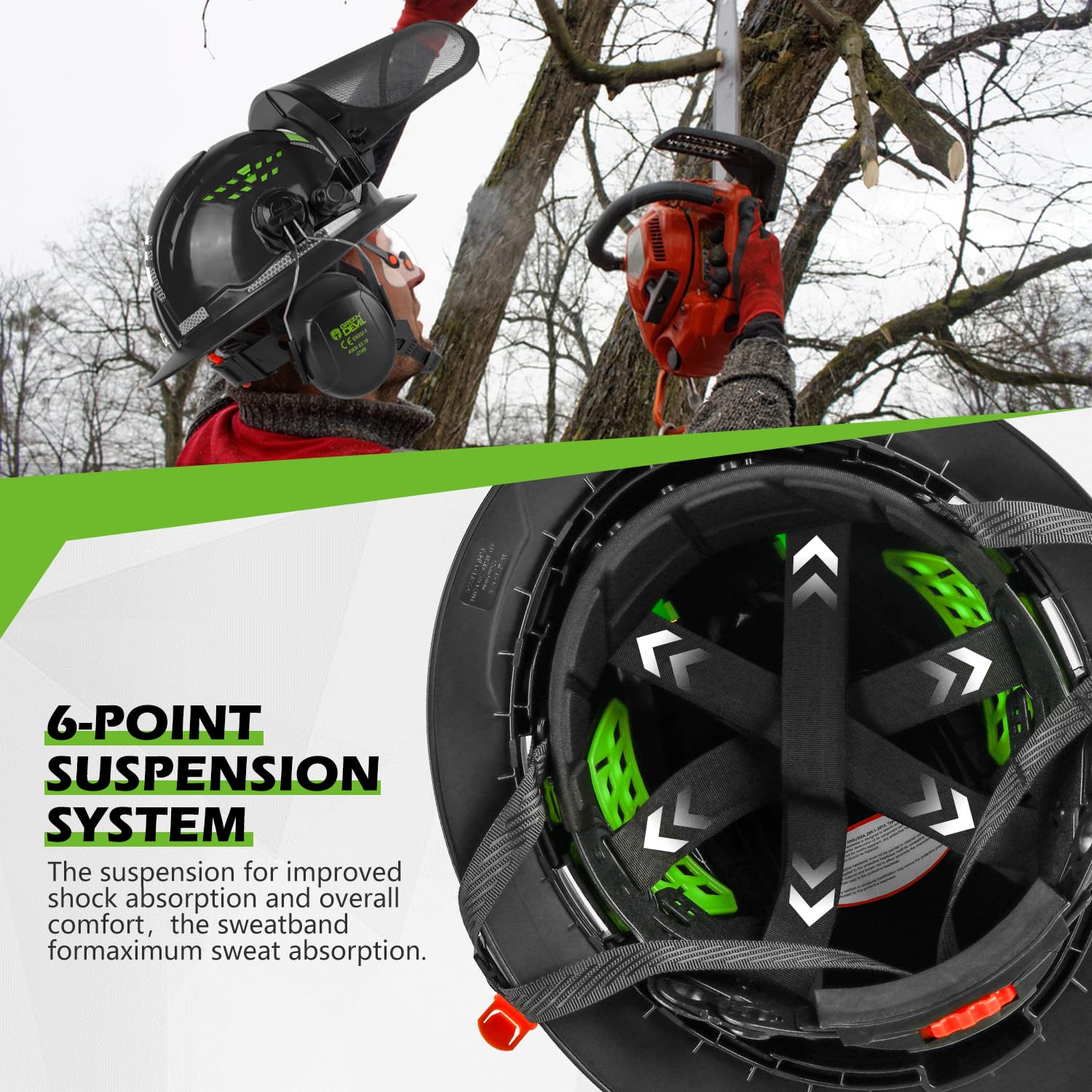 Green Devil adjustable suspension system for comfortable all-day wear.