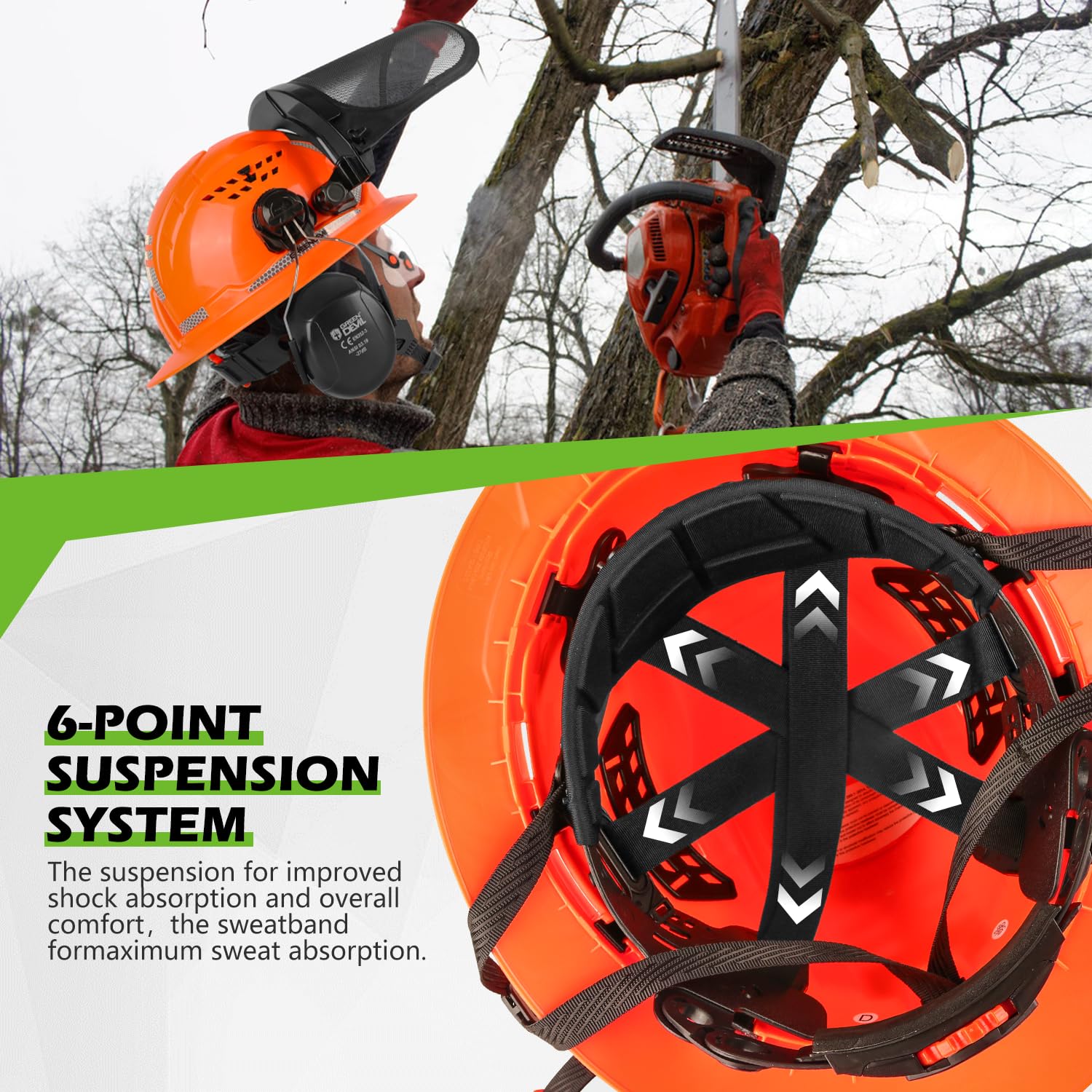 GREEN DEVIL chainsaw helmet 6-point suspension provides adjustable comfort and impact distribution