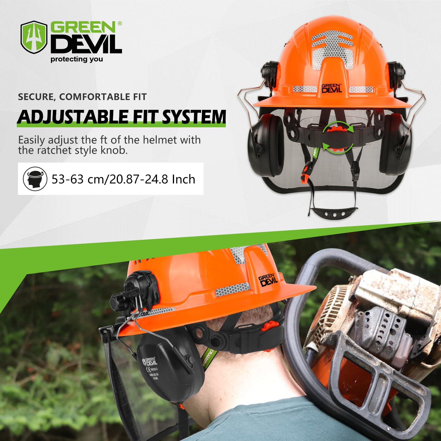 GREEN DEVIL chainsaw helmet adjustable chinstrap keeps helmet secure on rough terrain