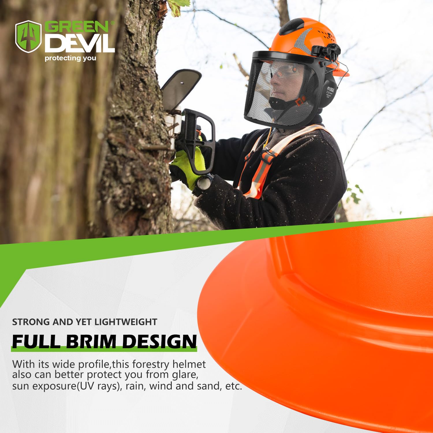 GREEN DEVIL chainsaw helmet assembly shows all components ready for use