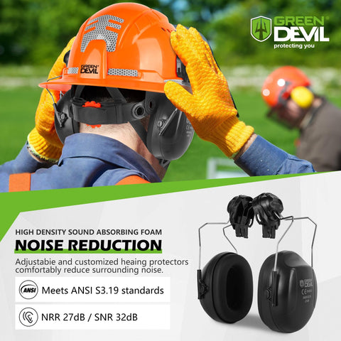 GREEN DEVIL chainsaw helmet with ear muffs offers hearing protection for long workdays