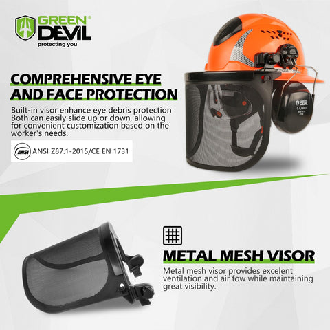 GREEN DEVIL chainsaw helmet with face shield protects eyes during pruning and felling