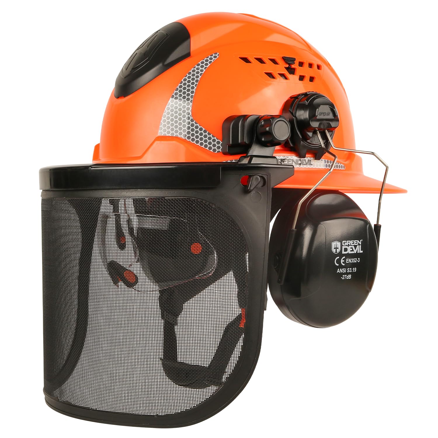 GREEN DEVIL chainsaw helmet with full brim protecting head from branches and sun