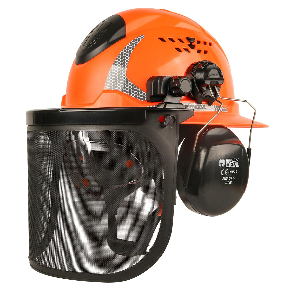 GREEN DEVIL chainsaw helmet with full brim protecting head from branches and sun