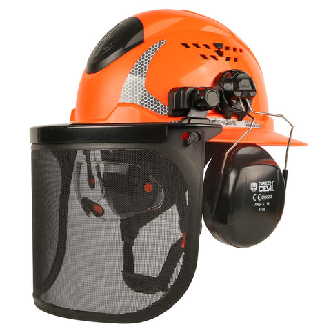 GREEN DEVIL chainsaw helmet with full brim protecting head from branches and sun