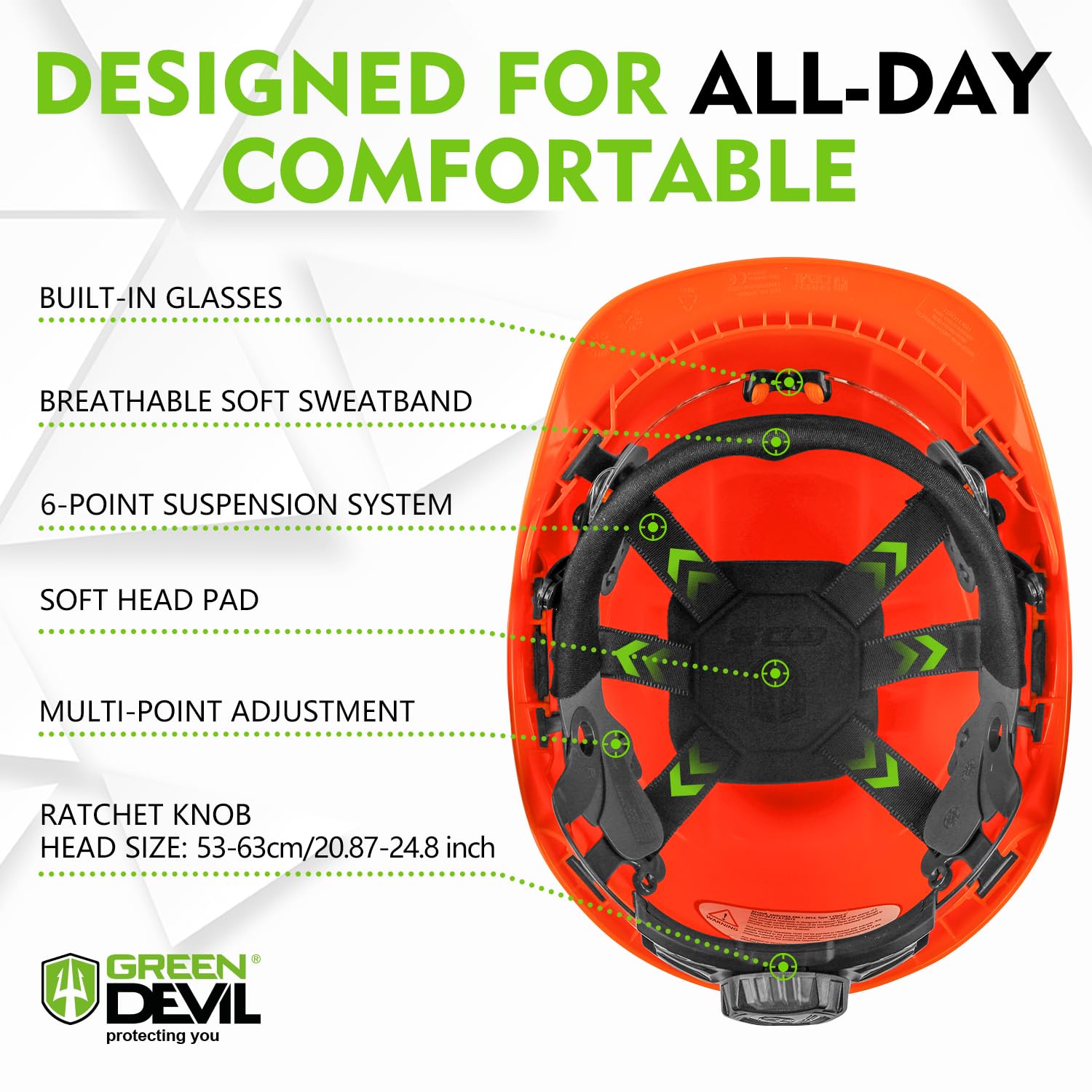 Green Devil helmet 6-point suspension for all-day comfort