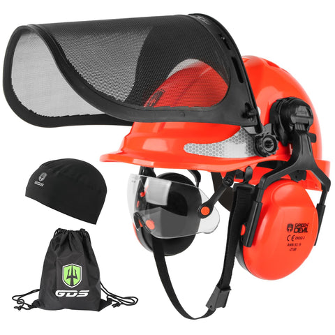 Green Devil chainsaw safety helmet front view with visor for full head protection