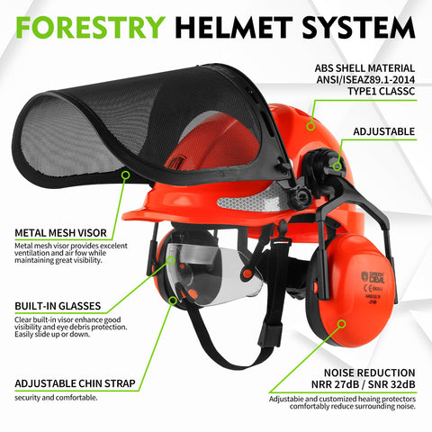 Green Devil forestry helmet side view with built-in face shield and ear muffs