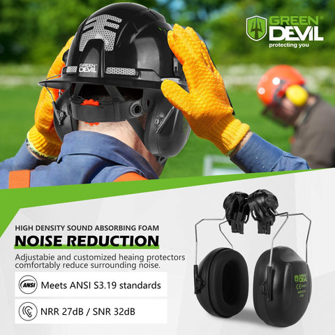 Green Devil ear muffs integrated for reduced noise while cutting.