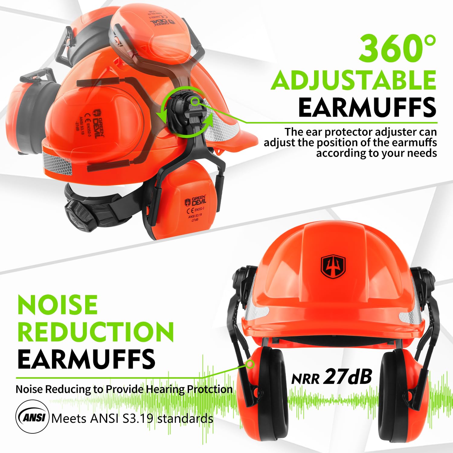Green Devil helmet with ear muffs for noise reduction on site