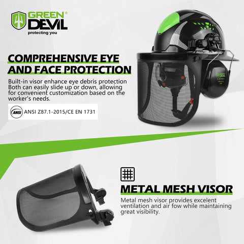 Green Devil forestry helmet with face shield and visor for clear visibility.