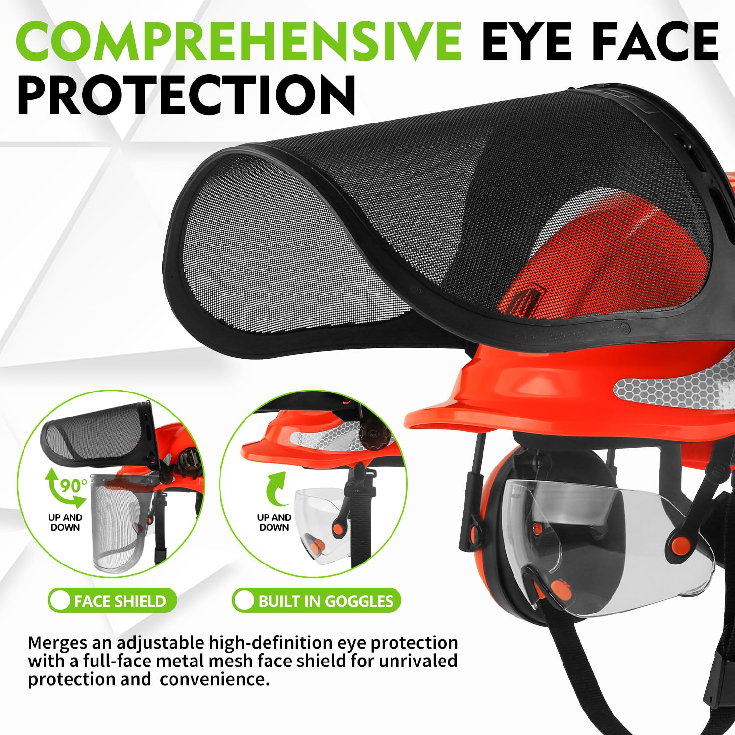 Green Devil helmet with full-face mesh shield for eye and debris protection