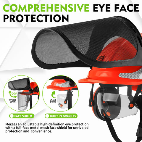 Green Devil helmet with full-face mesh shield for eye and debris protection