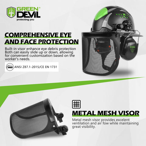 Green Devil forestry helmet with face shield protects eyes