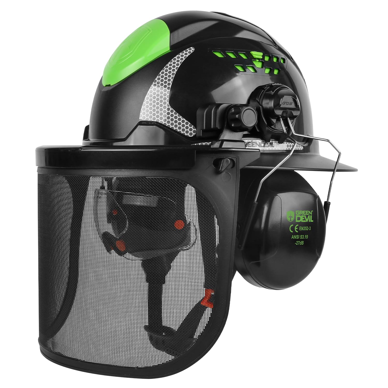 Green Devil industrial chainsaw helmet with full brim protects head in dense forests.